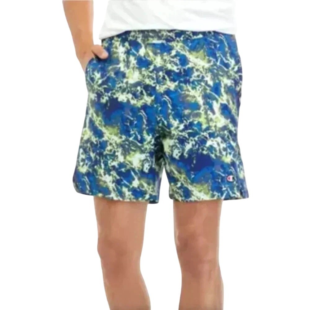 Champion Men's Shorts Blue Green White Marble Print Athletic Casual Medium‎ NWT